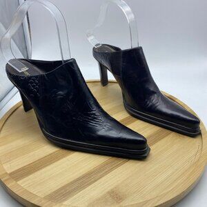 Piero Strozzi Women Black Leather Embossed Floral 3" Pointed Toe Mules Sz 6.5